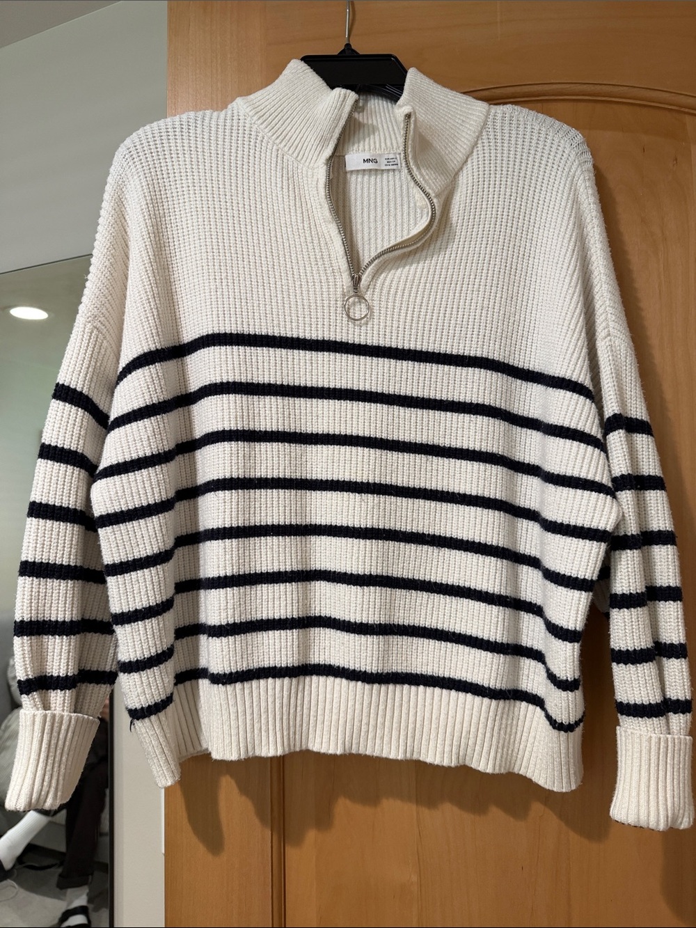 MANGO Cream Half-Zip Striped Sweater with Black Stripes